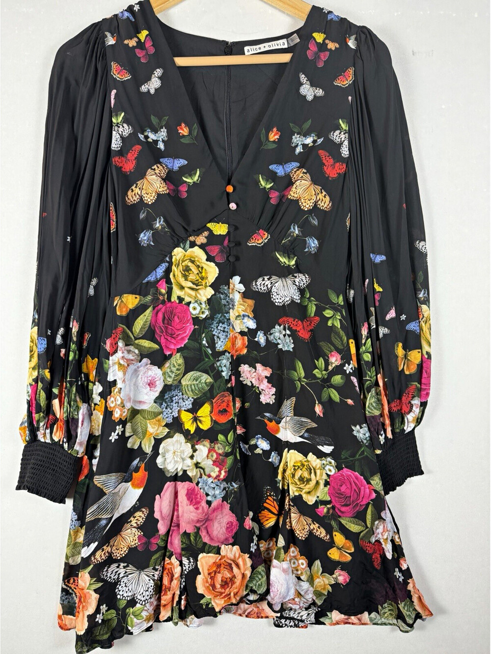 alice + olivia Irene Black Floral Butterfly Chiffon V-Neck Balloon Sleeve Mini 4